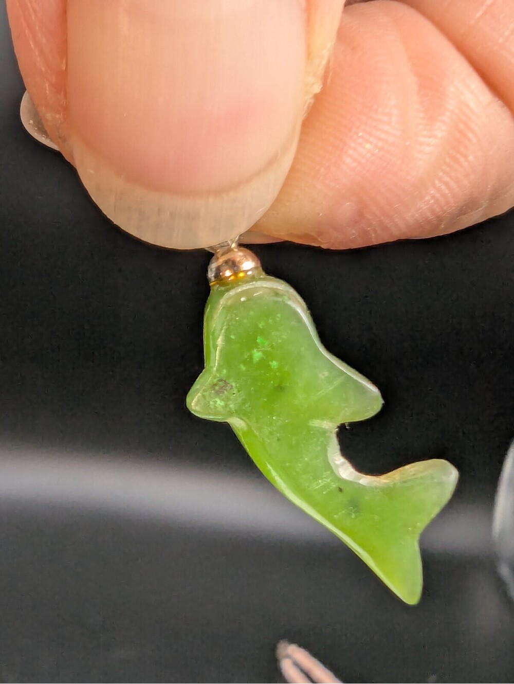 Vintage Hand Carved Green Jade Dolphin Pendant